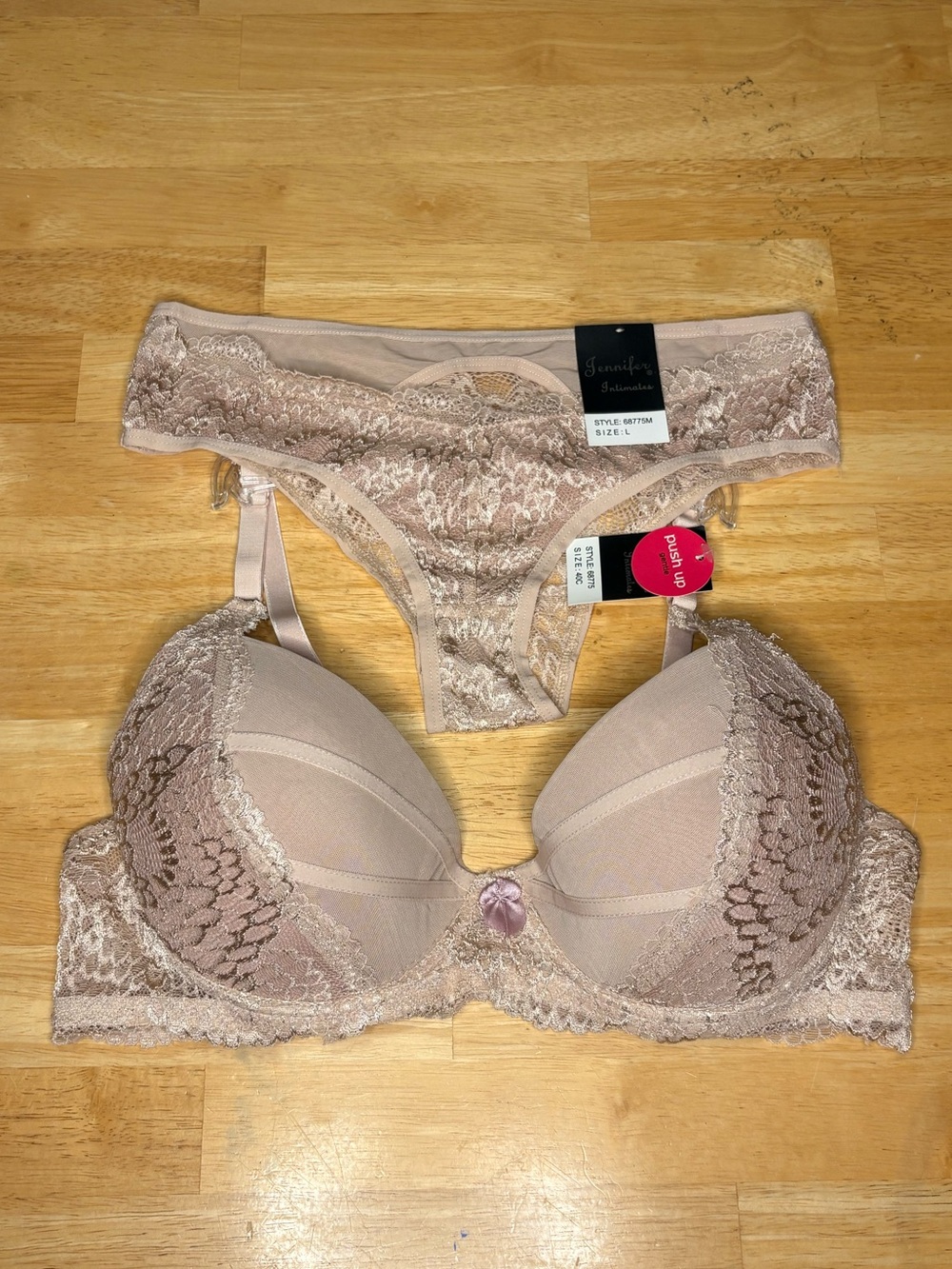 Lace-Trim pushup Bra & Bikini Set — Nude Blush